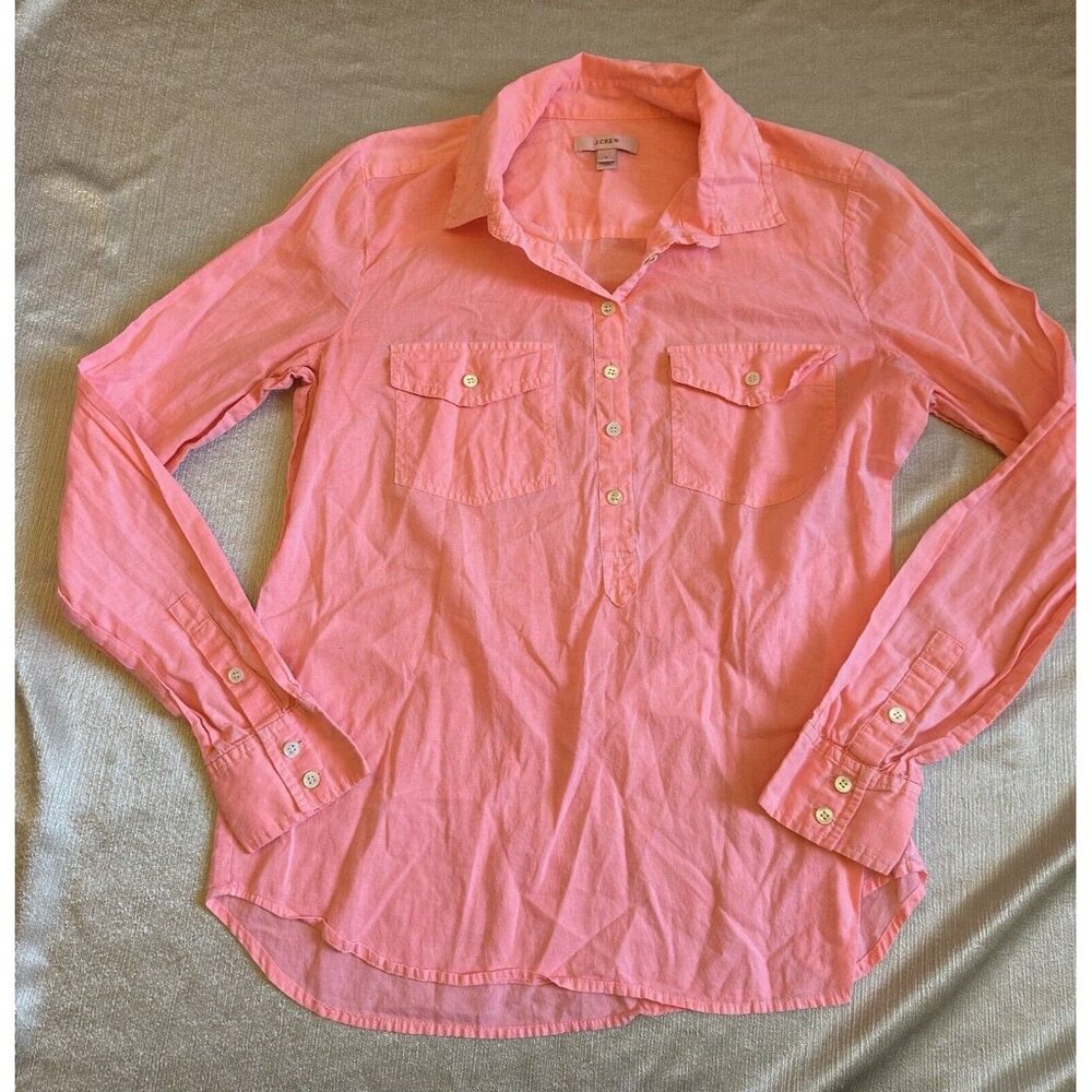 J. Crew Women's Shirt Size 4 Coral‎ Hot Pink Half Button Pullover Tunic Preppy